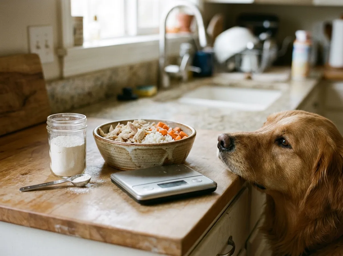 Golden retriever watching a bowl of homemade dog food with chicken, rice and carrots next to a jar of eggshell calcium powder and a kitchen scale
