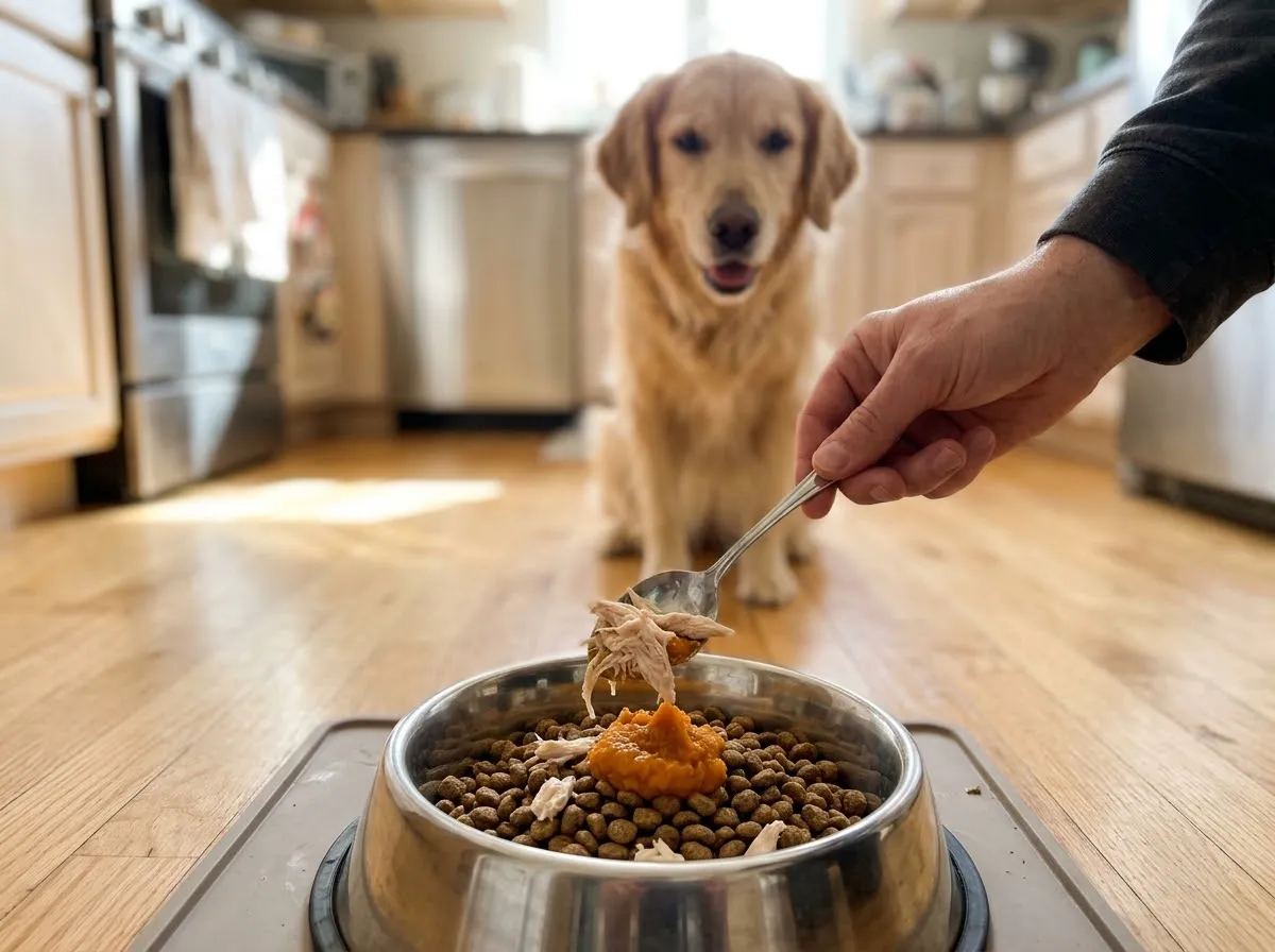 Owner spooning plain shredded chicken and pumpkin on kibble as a homemade dog food topper