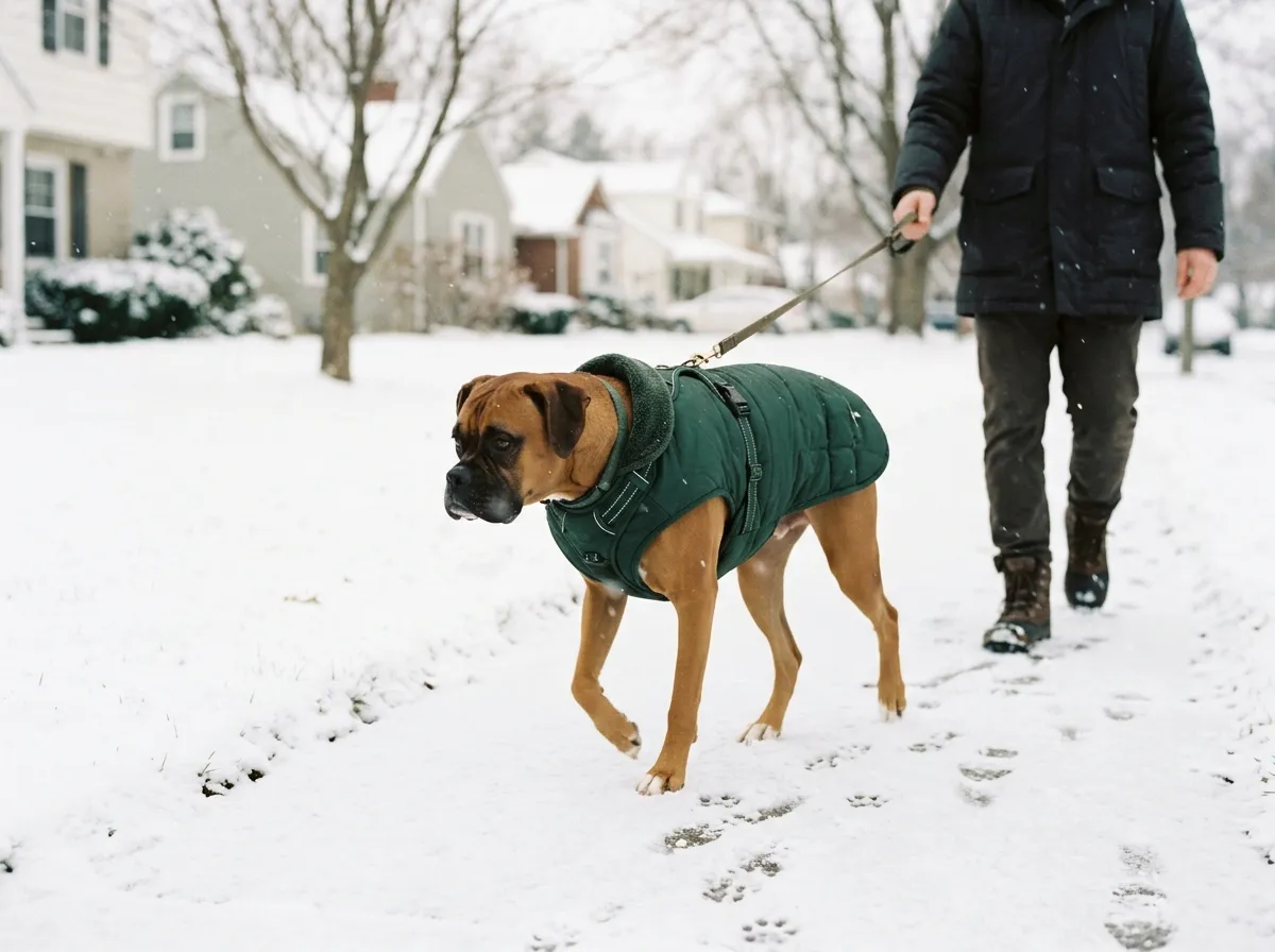 Boxer dog in a green winter coat walking on a snowy sidewalk with its owner