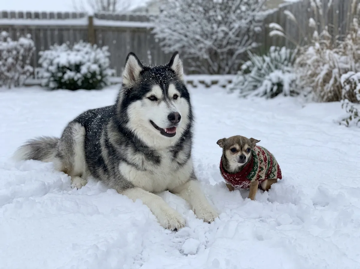Siberian husky lying in snow next to a small chihuahua wearing a sweater
