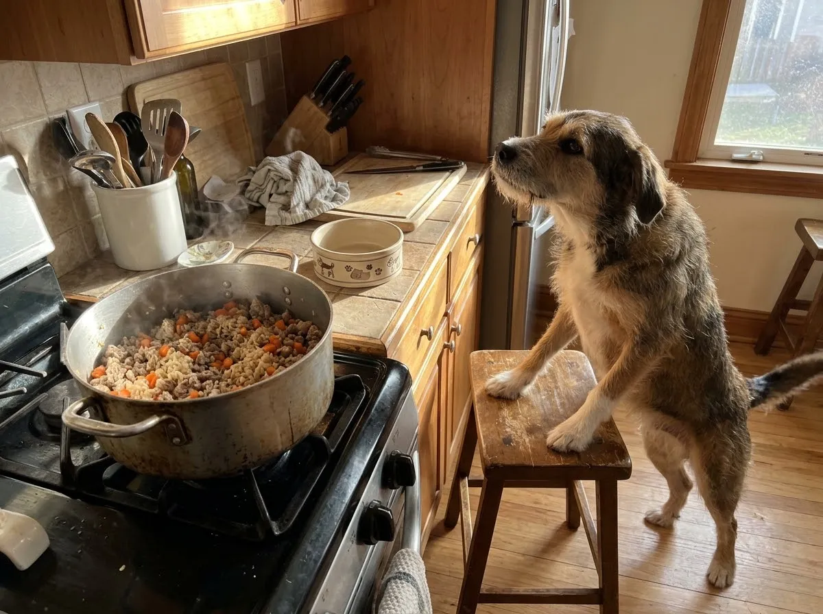 Mixed breed dog sniffing toward a pot of homemade dog food with turkey, rice and carrots in a home kitchen