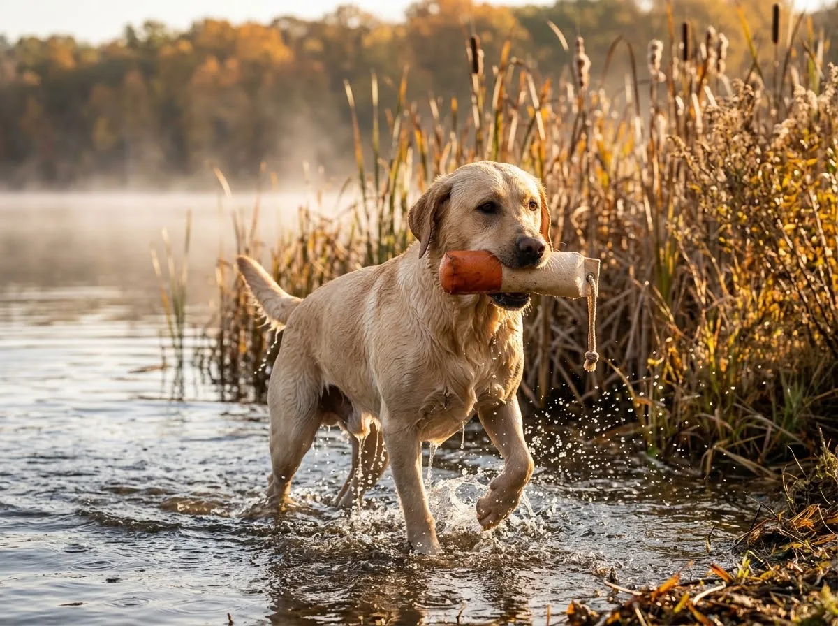 Wet Labrador Retriever coming out of a lake with a training dummy, AKC Sporting Group