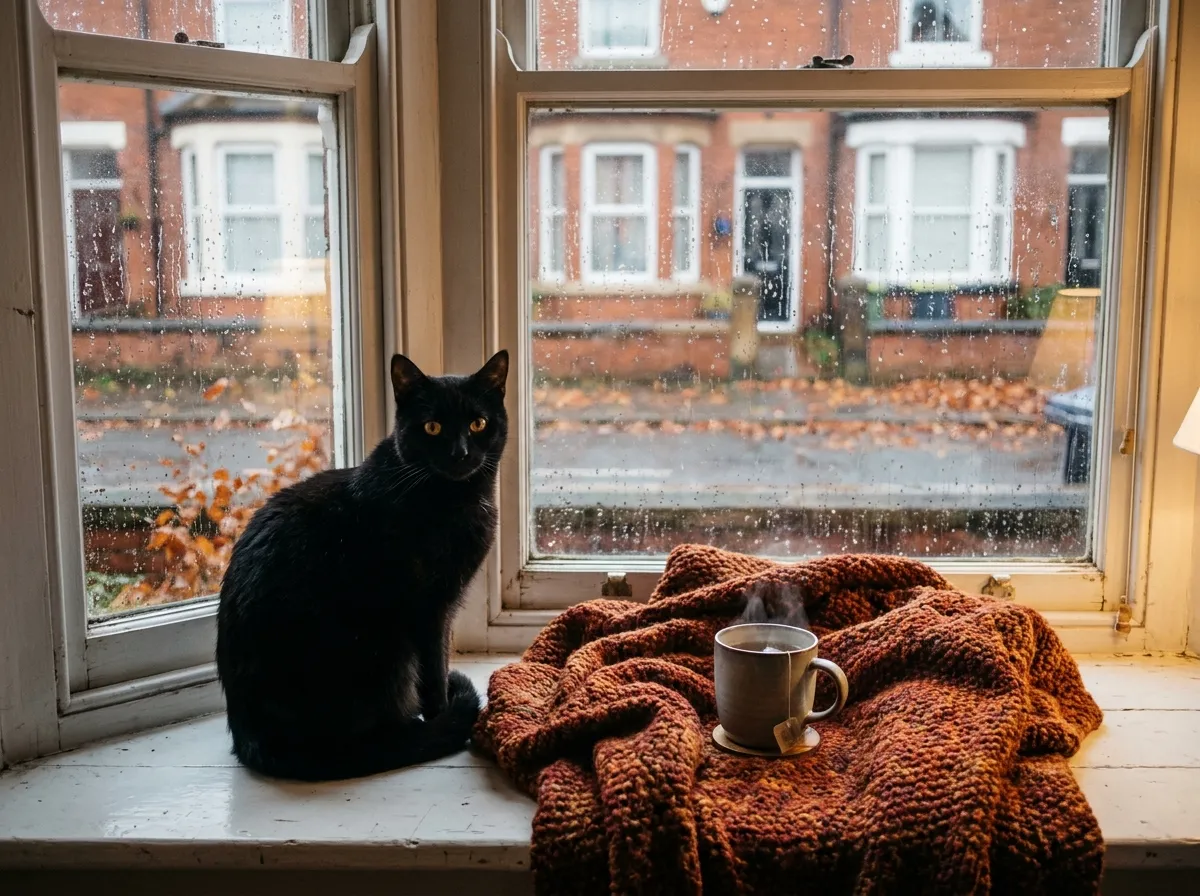 Black cat with amber eyes sitting on a cosy windowsill in a UK terraced house on a rainy autumn day, for National Black Cat Day