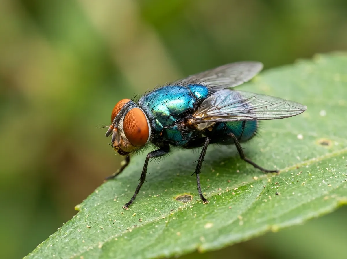 Close-up of a metallic blue-green fly with orange eyes on a leaf, similar to the New World screwworm fly