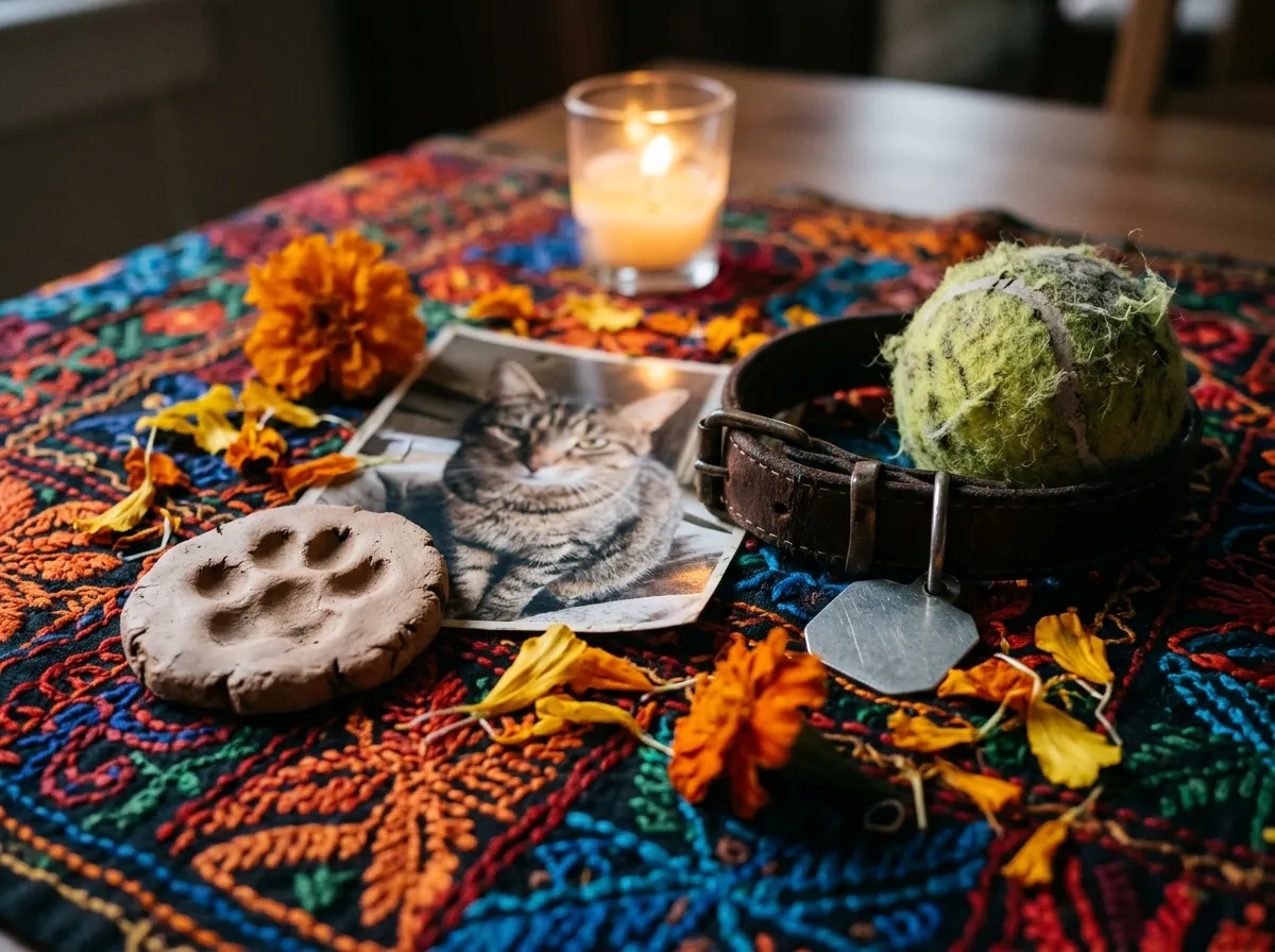 Pet memorial items for a Day of the Dead ofrenda: collar and tag, clay paw print, tennis ball, cat photo and marigold petals