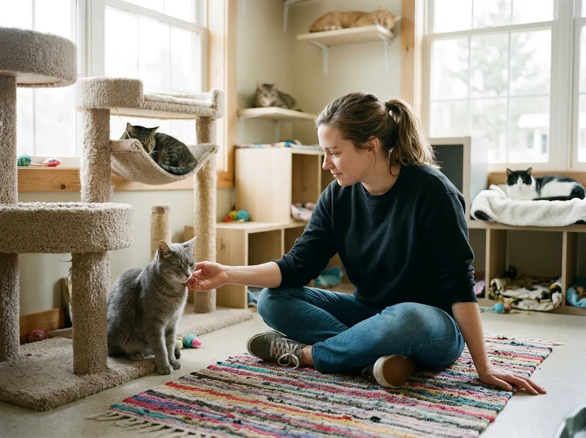 Volunteer gently petting a grey shelter cat in a bright cat adoption room with cat trees