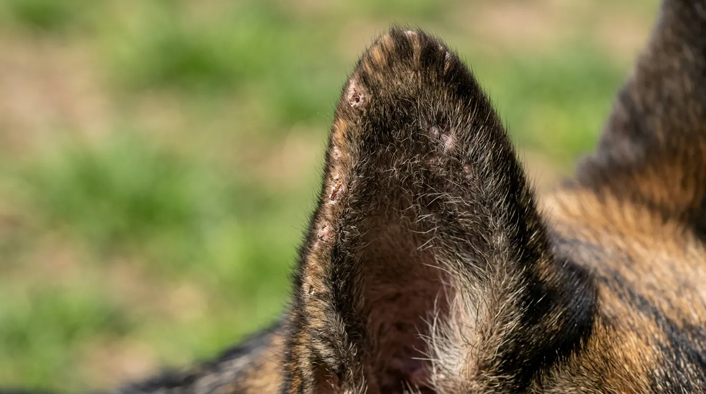 German Shepherd ear tip with small scabs from stable fly bites