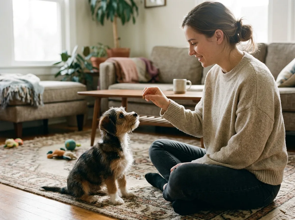 Woman on the living room floor holding a treat to teach her puppy its new name