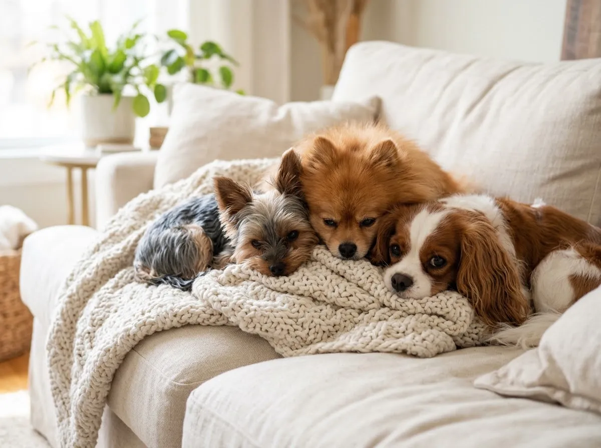 Small toy breed dogs including a Pomeranian and a Cavalier King Charles Spaniel cuddled on a sofa, AKC Toy Group