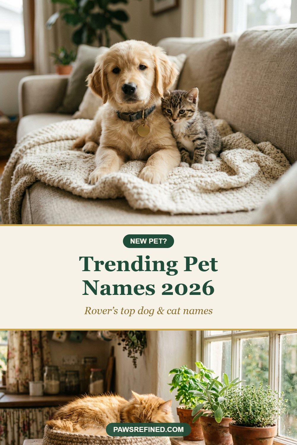 Trending pet names 2026 pin with puppy and kitten