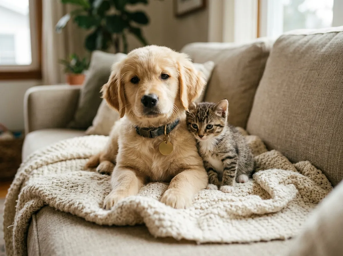 Golden retriever puppy and tabby kitten sitting together on a cozy sofa blanket